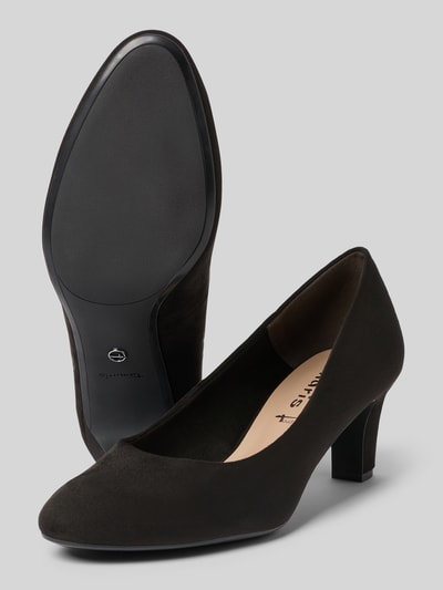 Produktfoto, Pumps mit Kegelabsatz von Tamaris in schwarzer unifarbener Optik, abgerundete Schuhspitze, fein strukturierte Sohle, leicht glitzernde Textur