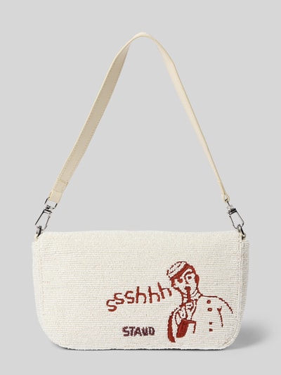 Produktfoto, Shoulder Bag mit Ziersteinbesatz Modell 'Timmy' von Staud, cremefarbenes Material, rote Illustration, strukturierte Oberfläche