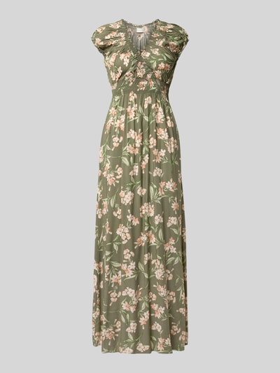 Produktfoto, Maxikleid aus Viskose mit V-Ausschnitt von Apricot, zielona tkanina w kwiatowy wzór, A-linie, czysta wiskoza, całkowita długość 136 cm, szerokość w rozmiarze S 39 cm