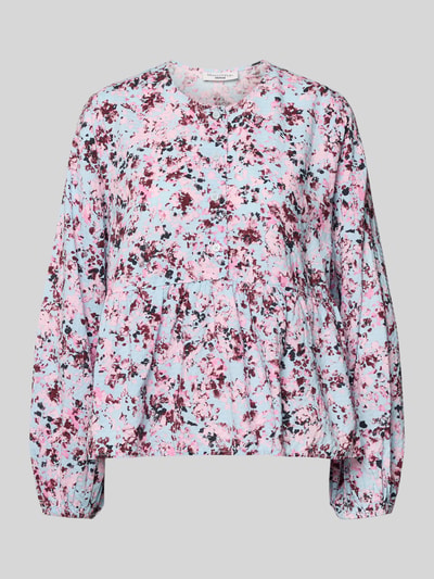 Produktfoto, Regular Fit Langarmbluse aus Viskose-Baumwoll-Mix von Marc O'Polo Denim mit floralem Allover-Muster in Rosa, Blau und Dunkelrot, Mao-Kragen, Ballonärmel, elastischer Ärmelabschluss, Volant am Rumpfabschluss.