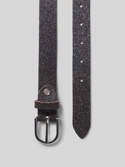 Produktfoto, Gürtel aus echtem Leder mit Glitzer von Tamaris in Schwarz mit silberner Metallschnalle auf grauem Hintergrund, strukturierte Oberfläche