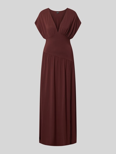 Produktfoto, Maxikleid mit V-Ausschnitt van Gina Tricot in bruin, elastische materiaalmix, getailleerd, plooien-look, kapmouwen, maat S, ruglengte 132 cm, borstwijdte 36 cm