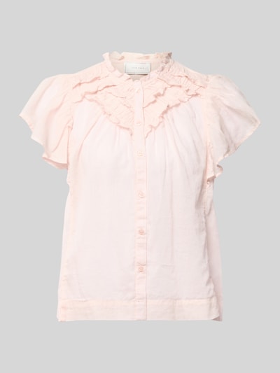 Produktfoto, Regular Fit Bluse mit Rüschenbesatz Modell 'Vinsa' von Neo Noir aus Reine Baumwolle, kurzärmelig, Stehkragen, Knopfleiste, zartes Rosa
