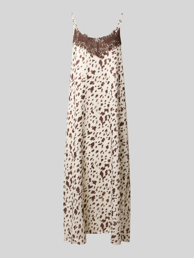 Produktfoto, Relaxed Fit Midikleid mit Spitzenbesatz von OH APRIL mit cremefarbenem Grund, braunes Fleckenmuster, Spitzendetail am Ausschnitt, Damen Kleid, Spaghetti-Träger, Kontext: Rückenlänge bei Größe S 107 cm, Brustweite bei Größe S 45 cm