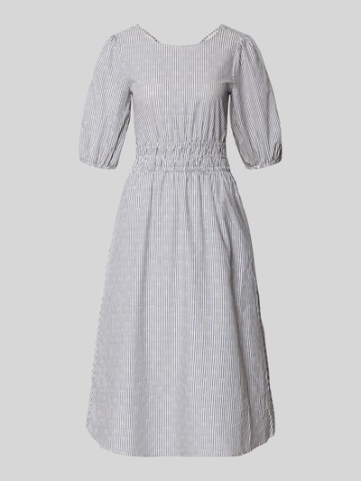 Productfoto, Tailliertes Freizeitkleid aus reiner Baumwolle Modell 'CHIA' van Pepe Jeans met all-over motief in grijs en wit, midilengte, getailleerd, boothals, pofmouwen, elastische mouwboorden, rechte zoom, zijsteekzakken, gemaakt van puur katoen.