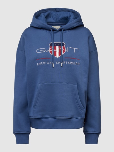 Gant Hoodie met labelstitching en kangoeroezak Rookblauw - 2