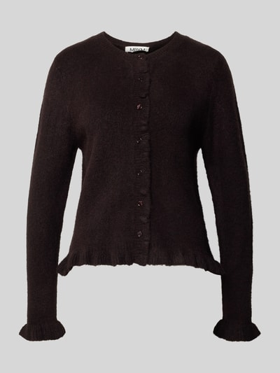Produktfoto, Strickjacke mit Rundhalsausschnitt Modell 'Celandia' von mbyM, schwarze Farbe, Rüschen, Knopfleiste, Woll-Material-Mix, Regular Fit