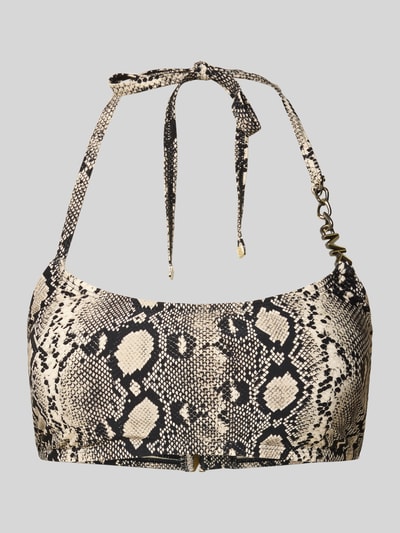 Produktfoto, Bikini-Oberteil mit Logo Chain Strap Modell 'BOHO PYTHON' von Michael Kors, mieszanka materiałów z dodatkiem streczu, dopasowany krój, zdejmowane miękkie miseczki, wzór w węża, odcienie beżu i czerni, drobna faktura tkaniny