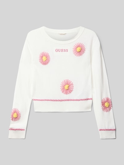 Guess Regular Fit Longsleeve in Strick-Optik mit floralem Zierbesatz Ecru 1