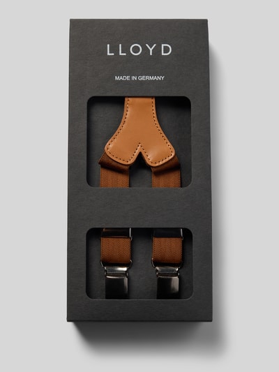 Produktfoto, Hosenträger mit Leder-Badge von Lloyd Men's Belts, Y-Form, braune Strukturmuster, verstellbare Träger, Metall-Clips, Verpackung mit Sichtfenster