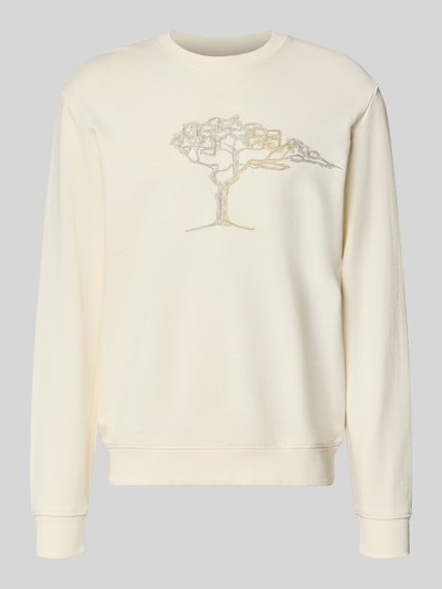 Produktfoto, Sweatshirt mit Rundhalsausschnitt und Stitching von Fynch-Hatton, Reine Baumwolle, Regular-Fit in Creme mit Baum-Motiv, Rückenlänge 70 cm, Ärmellänge 68 cm