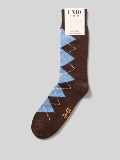 Produktfoto, Socken mit Kaschmir-Anteil im Karo-Design von UNIO HAMBURG, braun-blau gemustert, Baumwoll-Mix mit geripptem Bündchen