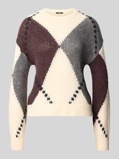 Produktfoto, Relaxed Fit Strickpullover mit Woll-Anteil von zero, Materialmix in Beige, Grau und Bordeaux, gerippte Abschlüsse, Damenmode
