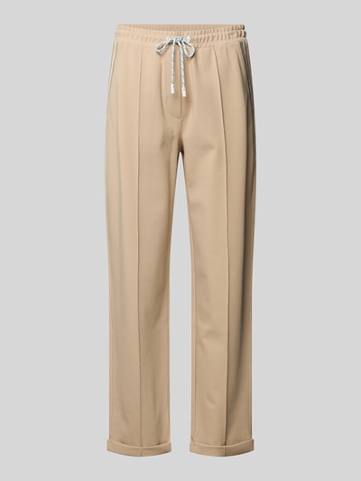 Produktfoto, Straight Fit stoffen broek met siernaden van Marc Cain, mix van katoen en modal, elastische band met tunnelkoord, 7/8-lengte