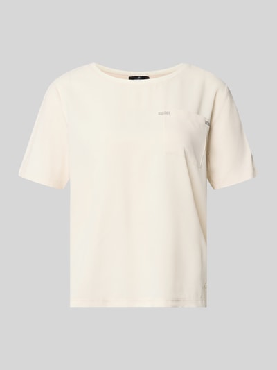 Produktfoto, T-Shirt aus Viskose-Mix mit Brusttasche von monari, damski t-shirt, mieszanka wiskozy z dodatkiem streczu, krój loose fit, okrągły dekolt, brustasza, obszycie z kamieni stras, detal z logo, długość tyłu w rozmiarze 36: 56 cm, kolor jasny, gładka struktura