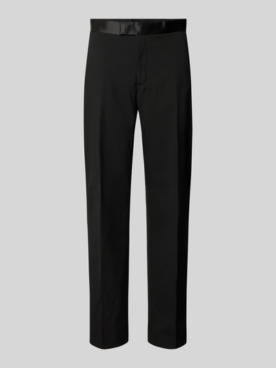 Produktfoto, Regular Fit Stoffhose mit Viskose-Anteil von Christian Berg Men, schwarzer Elastischer-Material-Mix, Bügelfalten, Gesäßtaschen, Haken- und Reißverschluss, Bundweite 45 cm, Innenbeinlänge 80 cm.