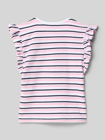 Productfoto, T-shirt met ruches en logo van Guess, mix van katoen en elastaan, regular fit, logoprint, ronde hals, ruglengte maat 116: 42 cm, kinderkleding, roze, wit en donkerblauw gestreept, zachte stof