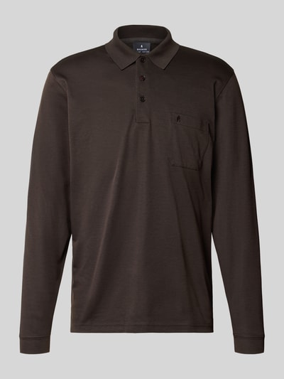 Produktfoto, Regular Fit Poloshirt aus Baumwoll-Mix von RAGMAN in Dunkelbraun, elastische Abschlüsse, Brusttasche, Langarm, glatte Textur