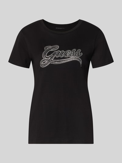 Produktfoto, Regular Fit T-Shirt aus reiner Baumwolle mit Logo-Motiv von GUESS, schwarz, Strasssteine, kurzärmelig, Rundhalsausschnitt