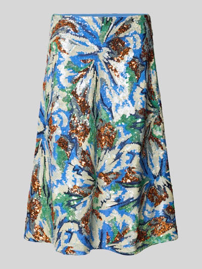 Produktfoto, Midirock mit Allover-Pailettenbesatz von Rabanne, florales Muster in Blau, Grün, Weiß und Braun, leichte A-Linie, glänzende Struktur, Nahtreißverschluss, Allover-Stitching, Größe 38: 70 cm lang, Bundweite 40 cm.