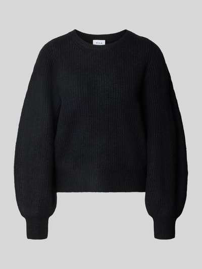 Produktfoto, schwarzer Strickpullover mit Rundhalsausschnitt Modell 'KACHEL' von VILA aus Material-Mix mit Baumwoll-Anteil, Regular Fit, dezente Struktur, für Damen
