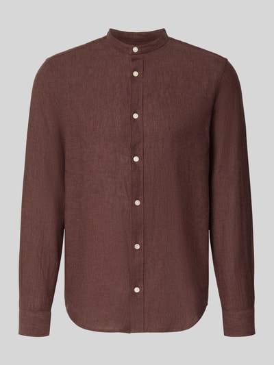 Produktfoto, Slim Fit Freizeithemd aus Baumwoll-Leinen-Mix Modell 'CAIDEN' von Only & Sons, brązowy, jednolity kolor, mao kołnierz, krój slim fit, długi rękaw, materiał delikatnie teksturowany