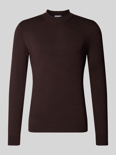 Produktfoto, Slim Fit Strickpullover aus Viskose-Mix mit Stehkragen von Antony Morato in Dunkelbraun, gerippte Abschlüsse, glatte Textur