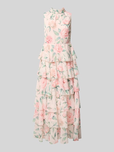 Productfoto, vrijetijdsjurk van Vero Moda model 'FELICIA', meerkleurig, getailleerd, midilengte, hooggesloten hals, bloemenmotief, volants, materiaalverwerking: chiffon.