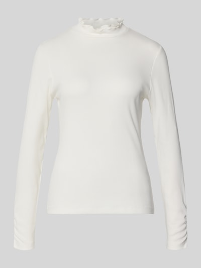 Produktfoto, Slim Fit Longsleeve aus Baumwoll-Mix von MORE, weiß mit Stehkragen und Strukturmuster, elastisch, Rückenlänge 58 cm bei Größe 36.