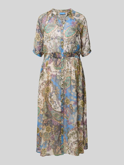 Produktfoto, Midikleid mit Allover-Paisley-Print von Damen Midikleid, farbenfrohes Muster in Blau, Grün und Beige, taillierte Passform, Tunika-Ausschnitt, durchgehende Knopfleiste, 1/2-Arm, leichte fließende Textur, Rücklänge 118 cm, Brustweite 41 cm, Ärmellänge 43 cm.