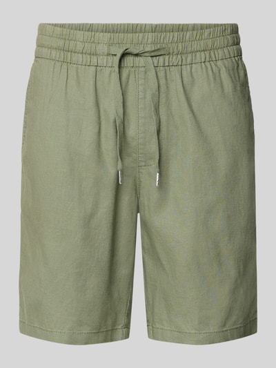 Produktfoto, Shorts aus Leinen-Baumwoll-Mix Modell 'barton' von Matinique in Olivgrün, Regular-Fit, elastischer Bund mit Tunnelzug, Herren Shorts, Bundweite 43 cm, Innenbeinlänge 21 cm, glatte Textur.
