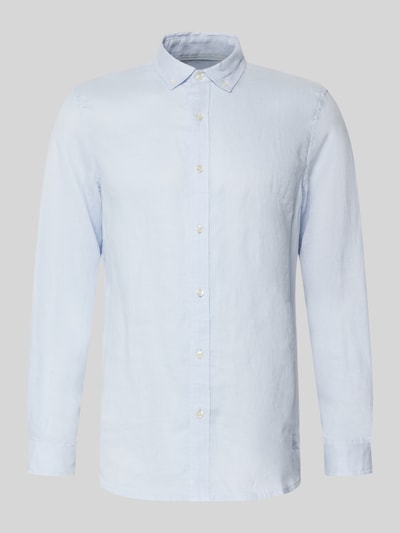 Produktfoto, Regular Fit Leinenhemd mit Button-Down-Kragen von Scotch & Soda, reines Leinen, hellblau, Knopfleiste, glatte Oberfläche.