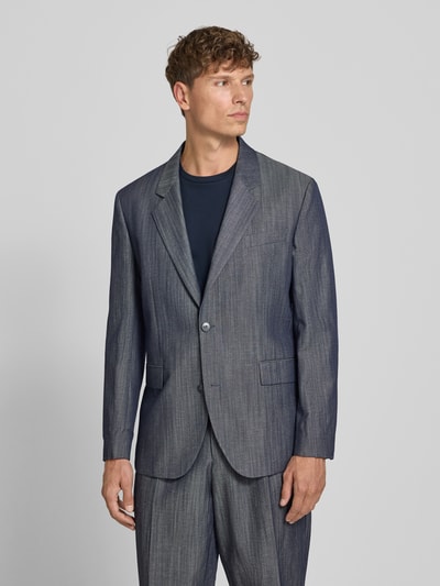 Męski model nosi Modern Fit Sakko aus Schurwoll-Leinen-Mix Modell 'KARLO243X' von HUGO w szaro-niebieskim kolorze, subtelna faktura, Ganzkörperansicht von vorne