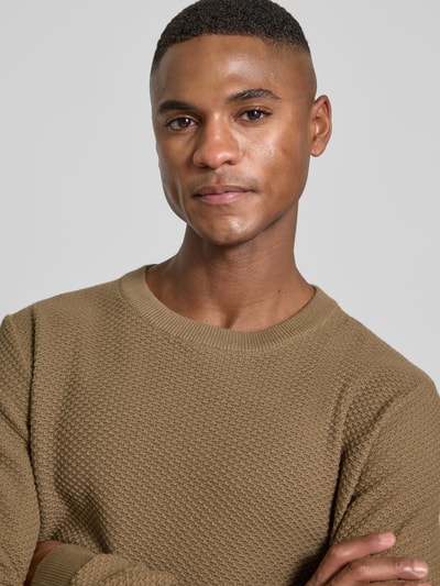 Lindbergh Sweter z dzianiny z fakturowanym wzorem i okrągłym dekoltem Camel 3