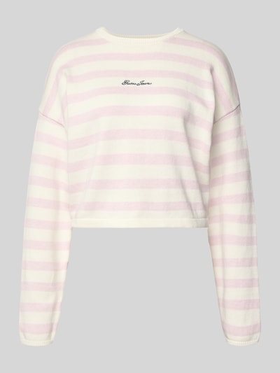 Produktfoto, Boxy Fit Strickpullover mit Streifenmuster und Label-Stitching von Guess Jeans, Reine Baumwolle, rosa-weiße Streifen, Rundhalsausschnitt