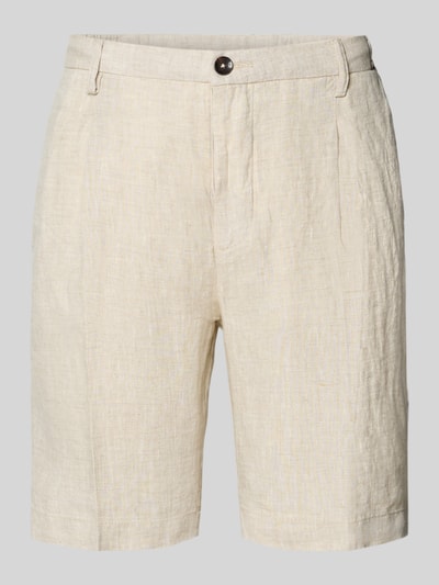 Produktfoto, Shorts aus Leinen mit Eingrifftaschen von MARKUP w kolorze jasnego beżu, prosta forma, wyraźna faktura lnu, krój straight fit, zapięcie na guzik i zamek błyskawiczny, wpuszczane kieszenie, z tyłu kieszenie z wypustką na guzik, szerokość w rozmiarze 50: 22 cm, długość wewnętrzna nogawki w rozmiarze 50: 34 cm.