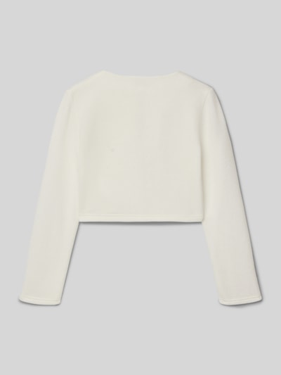 Produktfoto, Regular Fit Jacke in Strick-Optik von Une Hautre Couture in Weiß mit langen Ärmeln, weiche Struktur, Rückenansicht.
