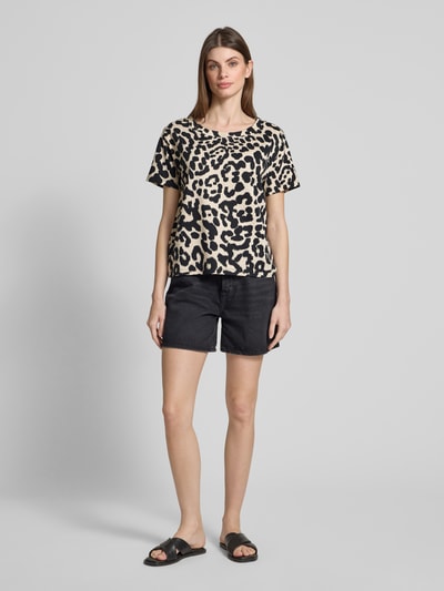monari T-shirt z prążkowanym okrągłym dekoltem Czarny 1