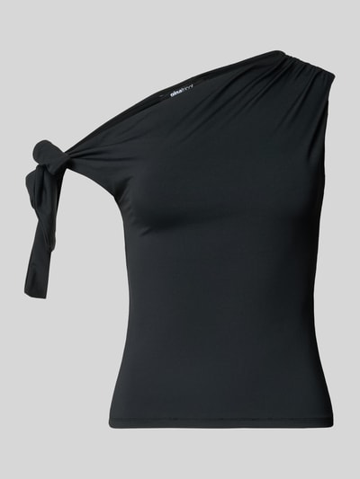 Produktfoto, schwarzes T-Shirt im One-Shoulder-Look von Gina Tricot mit Knotendetail, schmale Passform, glatte Textur, Material-Mix mit Stretch-Anteil.