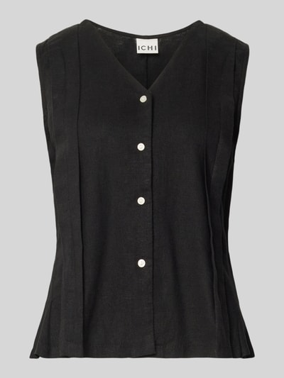 Produktfoto, czarna Weste aus Leinen-Viskose-Mix Modell 'LINNO' von ICHI, krój regular fit, V-neck, guzik z przodu, długość tyłu 53 cm, szerokość ramion 34 cm, szerokość w rozmiarze 36: 47 cm, gładka struktura