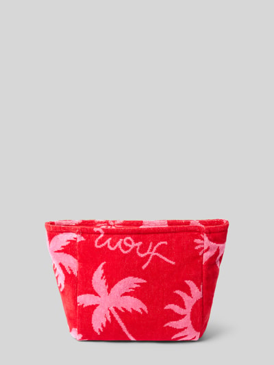Produktfoto, Kosmetiktasche mit Label-Patch Modell 'Tulum' von WOUF aus roter und rosa Bio-Baumwolle, Palmenmotiv, sichtbare Textur