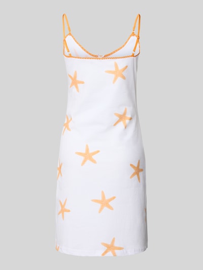 Produktfoto, Regular fit dames mini-jurk van puur katoen, model 'Sommerliebe' van LOUIS & LOUISA, sierstrik, verstelbare spaghettibandjes, all-over motiefprint, wit met oranje zeesterrenpatroon