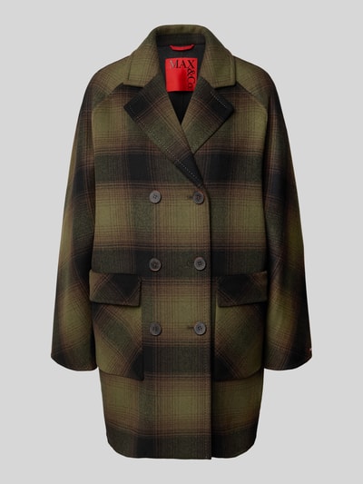 Produktfoto, Regular Fit Wollmantel mit doppelreihigen Knopfleiste Modell 'GIURIA' von MAX&Co., Allover-Muster, grün-braune Webware aus reiner Wolle, Pattentaschen, Reverskragen, Logo-Detail.