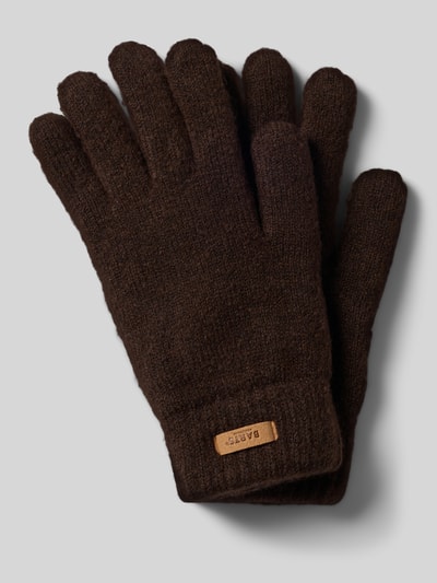 Produktfoto, braune, gestrickte Oberfläche, rechteckiges Label, Handschuhe mit Label-Patch Modell 'Witzia' von Barts, Damen Handschuhe von Barts