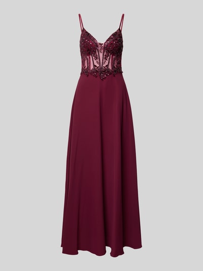 Produktfoto, Abendkleid mit floralem Ziersteinbesatz von Laona in dunklem Bordeauxrot, semitransparent, ausgestellter Schnitt, Taillierung, blickdichter Unterrock, feine Spaghettiträger, strukturierte florale Details und glatte Stofftextur.