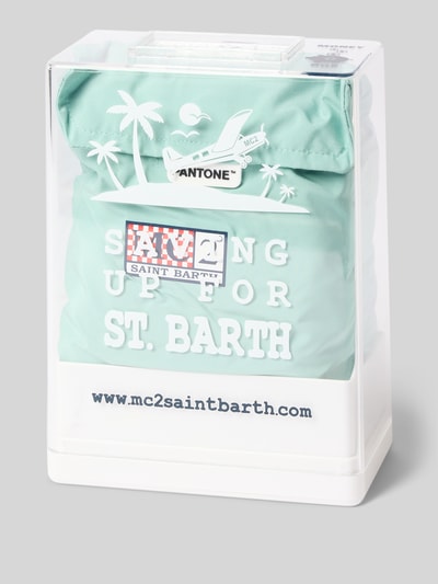 Produktfoto, Badehose mit Logo-Print Modell 'Lighting Pantone' von MC2 Saint Barth in Geschenkbox, türkis, weißer Logo-Patch, Kontrastprint