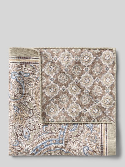 Produktfoto, Einstecktuch aus reiner Seide von Verugia, quadratisches Design, beige-braune Töne mit blauen Elementen, feine Textur, 30 x 30 cm