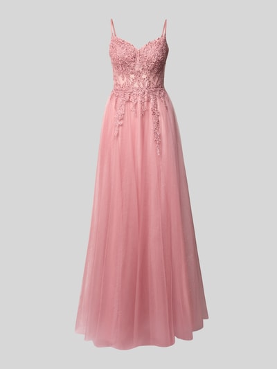 Produktfoto, długa sukienka Maxikleid mit Spitze und Gehschlitz von Luxuar z tiulu, taliowany fason, koronka, sukienka gorsetowa, rozporek, cienkie ramiączka, głęboki dekolt na plecach, długość tyłu w rozmiarze 36: 121 cm, szerokość w rozmiarze 36: 38 cm