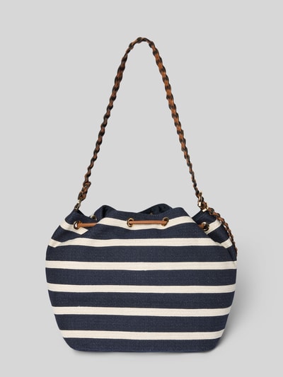 Produktfoto, Beuteltasche aus Baumwoll-Mix von Tommy Hilfiger mit Optik: Allover-Muster, gestreift, Logo-Applikation, Kontrast-Tunnelzug, Hauptfach, gewebter, verstellbarer Kontrast-Schulterriemen.