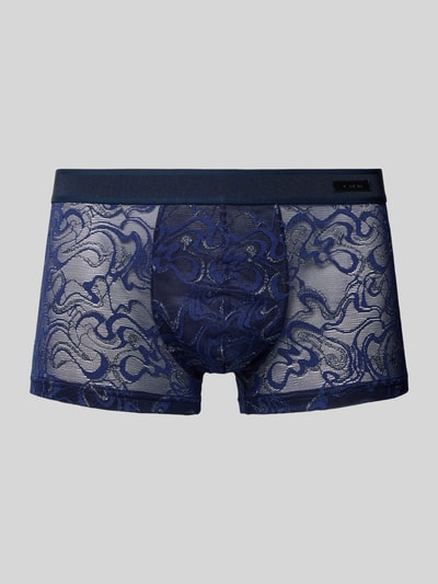Produktfoto, Slim Fit Trunks mit Logo-Detail von HOM, semitransparentes blaues Muster, elastischer Material-Mix, Herren Trunks.